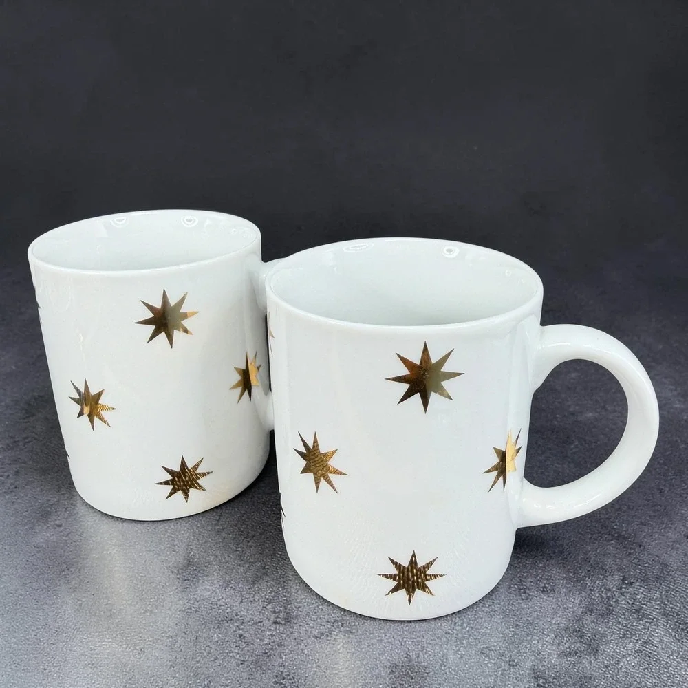 Pier 1 Gold Starburst White Ceramic Coffee Mugs Cups Set of 2 Monno Bangladesh